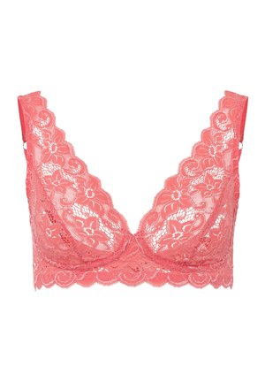 Koraal kleurige kanten bralette met gegolfde randen, bloemenpatroon en verstelbare bandjes. Zacht, gestructureerd materiaal biedt een lichte en ademende feel.