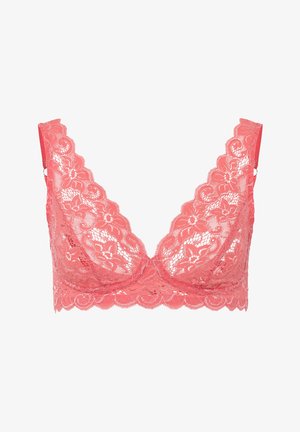 Korallinvärinen pitsinen bralette, jossa on aaltoilevat reunat, kukkakuosi ja säädettävät hihnat. Pehmeä, teksturoitu kangas tarjoaa kevyen ja hengittävän tunteen.