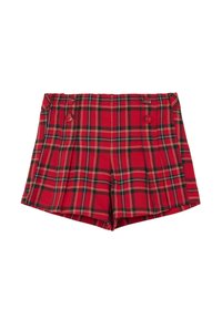 Rote karierte Shorts mit einem Schachbrettmuster in Schwarz und Gelb, Falten und zwei roten Knöpfen auf der Vorderseite.