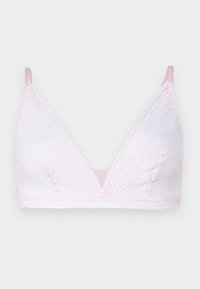 Lace bralette in pale pink and white with a V-shape design, featuring floral patterns, adjustable straps, and no underwire.
