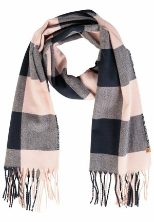 Buffalo check tørklæde i pink og marineblå, lavet af blødt materiale med frynser i kanterne. Mønsteret har store firkanter i skiftende farver.