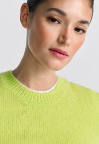 Felgroene gebreide trui met een geribbelde ronde halslijn. Gladde textuur, aansluitende pasvorm. Model met natuurlijke make-up, tegen een neutrale achtergrond.