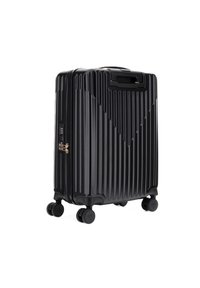 Maleta rígida negra con textura estriada vertical, cuatro ruedas, asa superior y cerradura de combinación. Diseño compacto y elegante para viajar.