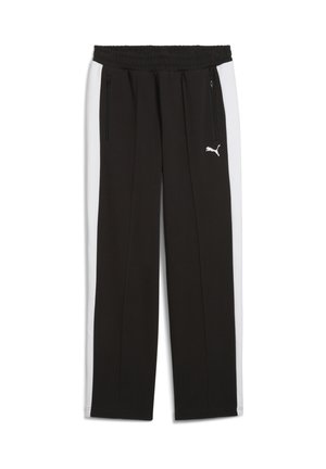 Schwarze Jogginghose mit weißen Seitenpaneelen, ausgestattet mit einem elastischen Bund und zwei seitlichen Reißverschlusstaschen. Puma-Logo in Weiß auf der linken Hüfte.