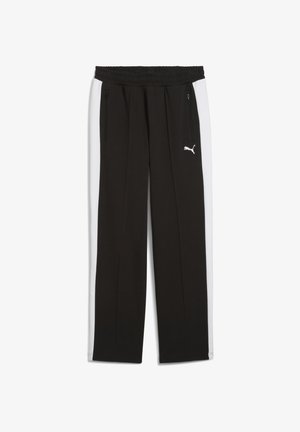 Black sweatpants with white side panels, featuring an elastic waistband and two side zip pockets. Puma logo in white on left hip.