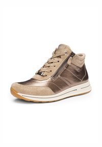 High-top sneaker with beige suede and metallic bronze leather panels, side zipper, laces, and white sole with gum tread.
