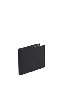 Cartera de cuero negro con un diseño de doble pliegue, textura suave y logotipo en relieve. Presenta una apertura horizontal y sin hardware visible.