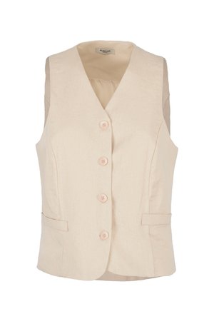 Gilet beige senza maniche con scollo a V, quattro bottoni frontali e due tasche a filetto, modellato per una silhouette aderente.
