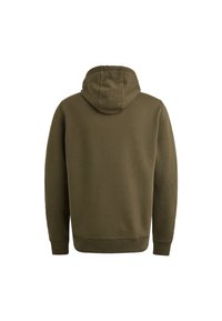 Olijfgroene hoody met een zachte textuur, ribbelmanchetten en -zoom. Heeft een kangoeroezak en een eenvoudig ontwerp.