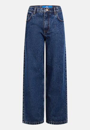 Τζιν παντελόνια με ευρύ μπατζάκι σε σκούρο μπλε χρώμα, με κλείσιμο με κουμπί, θηλιές για ζώνη και διακριτική ξεθώριαση. Το ύφασμα έχει κλασική υφή τζιν.