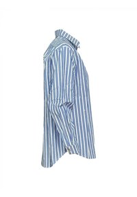 Camicia a righe in cotone blu e bianco, con maniche lunghe, polsini con bottone e un design del colletto classico. Strisce verticali con una finitura texture.