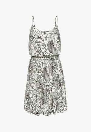 Juodai balta bevielė suknelė su lapų raštu, elastine juosmeniu, raukšlėta apačia ir plonais reguliuojamais dirželiais. Pagaminta iš lengvo audinio.