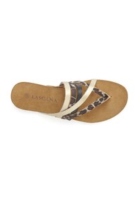 Brown flip-flop sandal with gold and black striped straps, leopard print design, and a tan cushioned insole. Brand logo printed on insole.