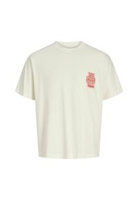 Cremfarbener Baumwoll-T-Shirt mit lässigem Schnitt. Mit einem roten Vase-Grafik auf der linken Brust. Kurze Ärmel, runder Halsausschnitt und glatte Textur.