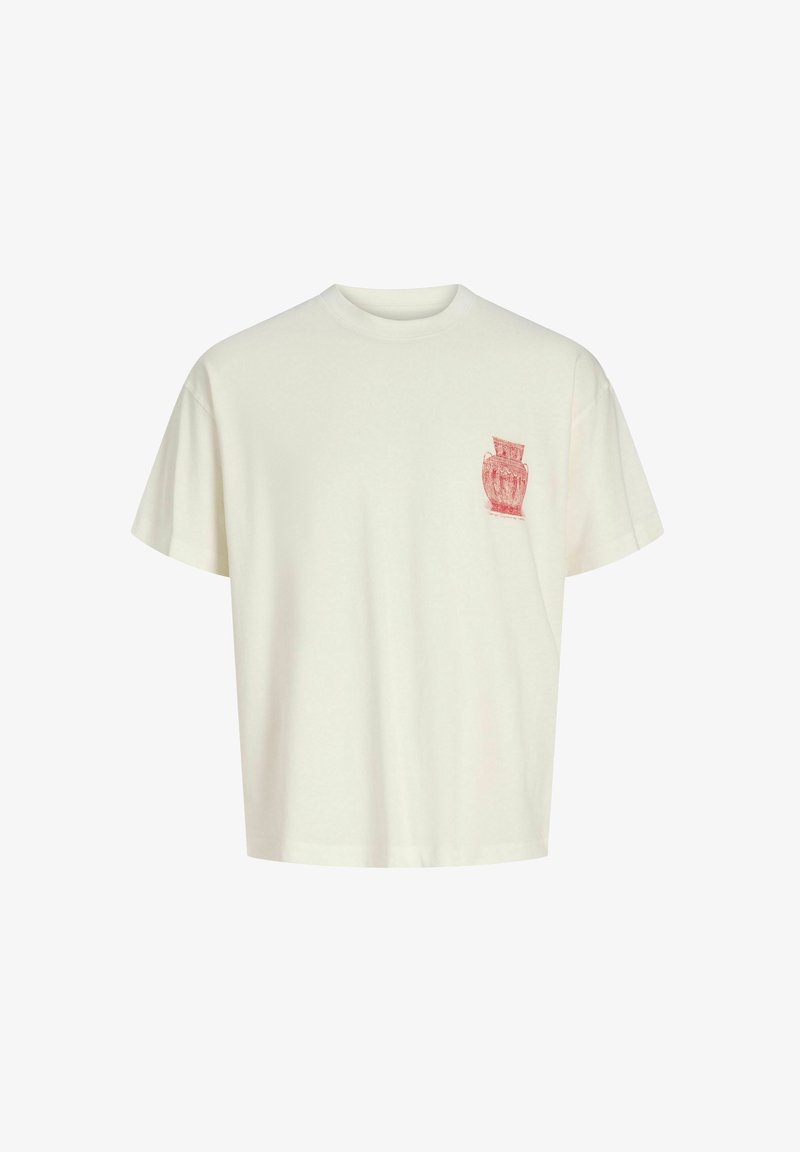 Cremfarbener Baumwoll-T-Shirt mit lässigem Schnitt. Mit einem roten Vase-Grafik auf der linken Brust. Kurze Ärmel, runder Halsausschnitt und glatte Textur.