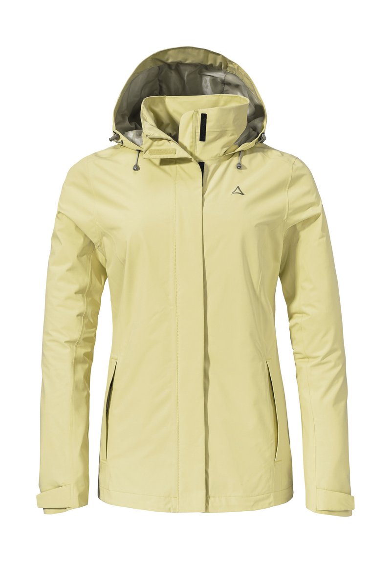 Lichtgele waterdichte jack met capuchon, voorrits en twee zijzakken. Kenmerkt zich door verstelbare trekkoorden en een gladde textuur.