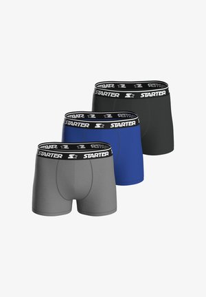 Three pairs of men's boxer briefs in gray, black, and blue, featuring a branded elastic waistband with "STARTER" text. Smooth fabric texture.