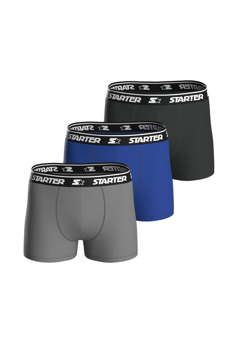 Three pairs of men's boxer briefs in gray, black, and blue, featuring a branded elastic waistband with "STARTER" text. Smooth fabric texture.