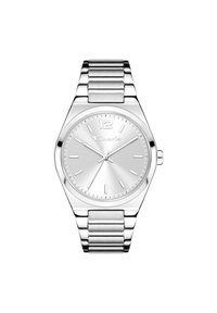 Zilveren metalen horloge met een ronde kast, een gepolijste afwerking, een eenvoudig wijzerplaat en uurmarkeringen. Beschikt over een schakelarmband en een groot cijfer 12 aan de bovenkant.