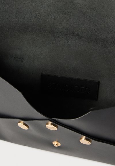 Εσωτερικό μαύρης δερμάτινης τσάντας που δείχνει σουέτ επένδυση, μια μαύρη ετικέτα με τον αναγλυφογραφημένο τίτλο "STUDIOTOID" και τρία κλείστρα από μεταλλικά κουμπιά με χρυσαφένιο τόνο.