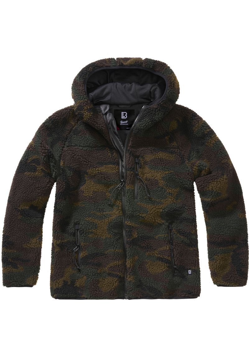 Fleecejacka med dragkedja i camouflage-mönster med nyanser av grönt och brunt, huva och två framfickor med dragkedja.
