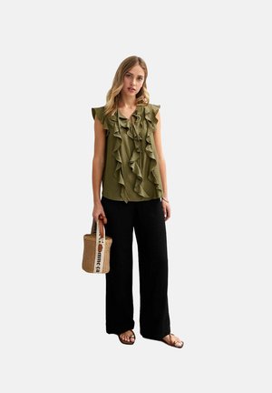 RUFFLE FRONT TIE NECK  - Blouse - khaki