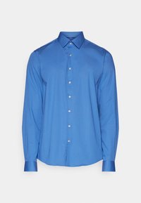 Camicia button-up blu a maniche lunghe realizzata in tessuto liscio, con colletto a punta, patta con bottoni e discreto logo del marchio sul petto.