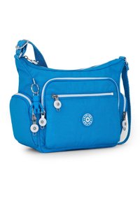 Niebieska nylonowa torba na ramię z wieloma zamykanymi na zamek kieszeniami, regulowanym paskiem i gumową zawieszką w kształcie małpy. Posiada naszywkę z logo.