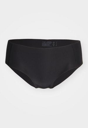 Crne hipsterske gaćice izrađene od glatkog materijala s bešavnom pojasom i minimalnim šavovima. Bez uzoraka ili ukrasa.