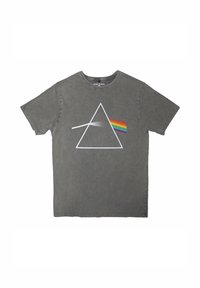 Gray cotton t-shirt featuring a white geometric triangle and prism design with a gradient rainbow on one side. Short sleeves, crew neck.