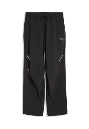 Czarne spodnie sportowe z elastycznym pasem, sznurkiem, kieszeniami na zamek i odblaskowymi paskami na nogawkach, z logo Puma po prawej stronie.