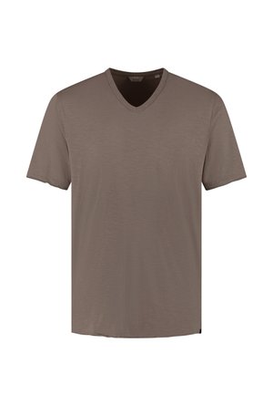 Meeste pruuni värvi lühikeste varrukatega V-kaelusega T-särk, millel on lihtne disain ja mis on valmistatud pehmest, kergest kangast, näidatud eestvaates valgel taustal.