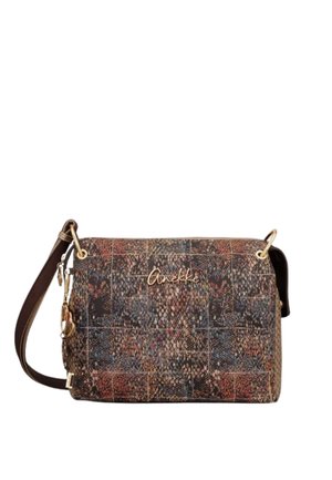 Borsa a tracolla con motivo testurizzato multicolore, ferrature dorate e tracolla regolabile marrone scuro, con logo "Anekke" sulla patta anteriore.