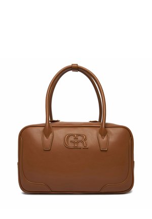 Brązowa skórzana torebka z podwójnymi zaokrąglonymi uchwytami, o prostokątnym kształcie, z wytłoczonym logo "GR" na środku przodu.