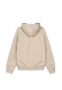 Sudadera con capucha beige de diseño clásico. Fabricada en una suave tela, cuenta con un dobladillo y puños de canalé. La capucha tiene una textura lisa.