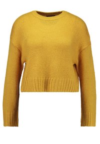 Hořčicově žlutý krátký svetr s dlouhými rukávy, žebrovaným lemem a texturovaným pleteným vzorem. Kulatý výstřih a volný střih.