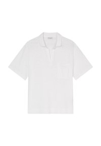 Bílá polos tričko s krátkým rukávem vyrobené z měkké tkaniny, s ozdobným lemem bez knoflíků a náprsní kapsou. Jednoduchý, neformální design s volnějším střihem.