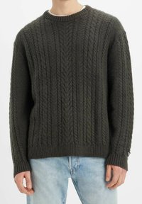 Ciemnozielony dziany sweter o prążkowanej fakturze, z wzorami warkoczowymi, okrągłym dekoltem i opuszczonymi ramionami. Subtelne logo na rękawie.