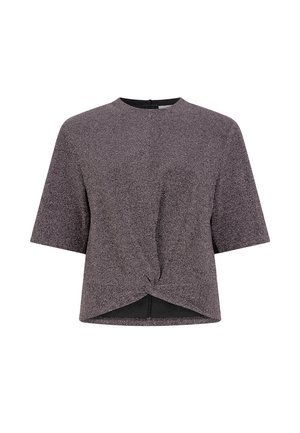 Kortärmelig top van gestructureerde grijze stof met een gedraaide voorkant en een licht asymmetrische zoom. Ronde halslijn, zonder sluitingen.