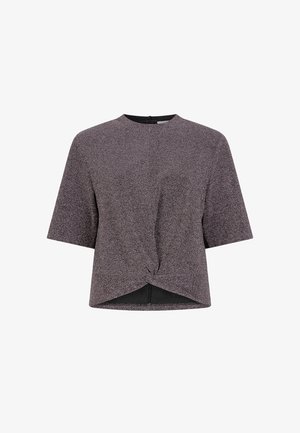 Kurzärmeliges Oberteil aus strukturiertem grauem Stoff mit einer gedrehten Frontdetails und einem leicht asymmetrischen Saum. Abgerundeter Ausschnitt, keine Verschlüsse.