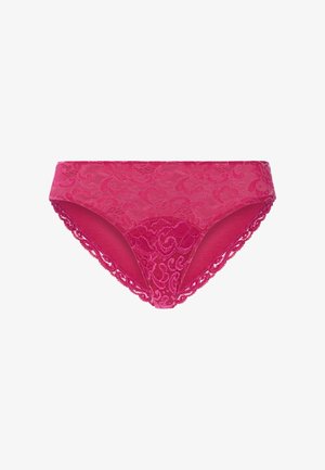 Lyserødt blonder bikini-stil dameundertøj med blomsterprint og bølget kant på hvid baggrund.