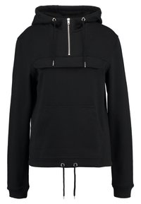 Sweat à capuche noir en matière douce, avec une fermeture éclair moitié devant, une poche kangourou, un cordon de serrage à l'ourlet et des poignets côtelés.