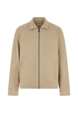 Beżowa kurtka na zamek z kołnierzem, długimi rękawami, bocznymi kieszeniami oraz metką GUESS w okolicy karku.