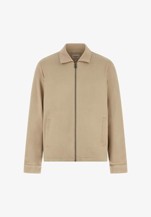 Giacca beige con cerniera, collo, maniche lunghe, tasche laterali e etichetta GUESS all'interno del collo.