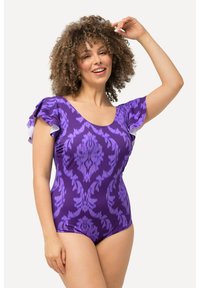 Lilla én-stykke badedragt med damask mønster, der har flæseærmer i kontrasterende hvid. Glat tekstur, tætsiddende design.