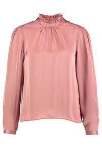 Blouse longue en satin rose à manches longues avec col montant volanté et détails de tissu froncé aux épaules et au col.