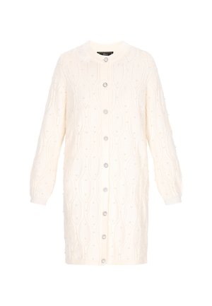 Cárdigan de manga larga color crema con un patrón de punto texturizado, con cierre frontal de botones y puños acanalados. Tejido suave, diseño hasta la rodilla.