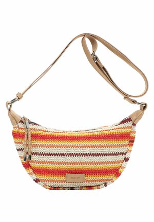 Striped crocheted shoulder bag with orange, yellow, red, and white colors, tan adjustable strap, zipper closure, and braided zipper pull.