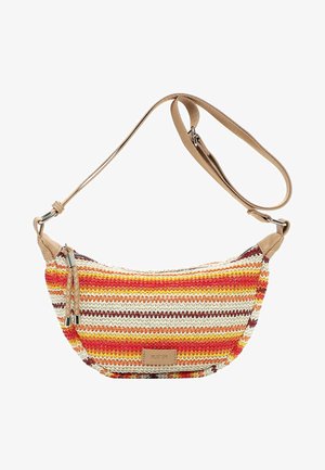Sac d'épaule rayé en crochet avec des couleurs orange, jaune, rouge et blanc, bandoulière réglable couleur tan, fermeture éclair et tirette en tresse.