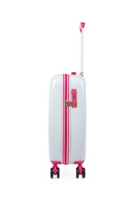 Maleta dura blanca con cremallera y detalles en rosa. Cuenta con un mango retráctil y cuatro ruedas para una fácil maniobrabilidad.
